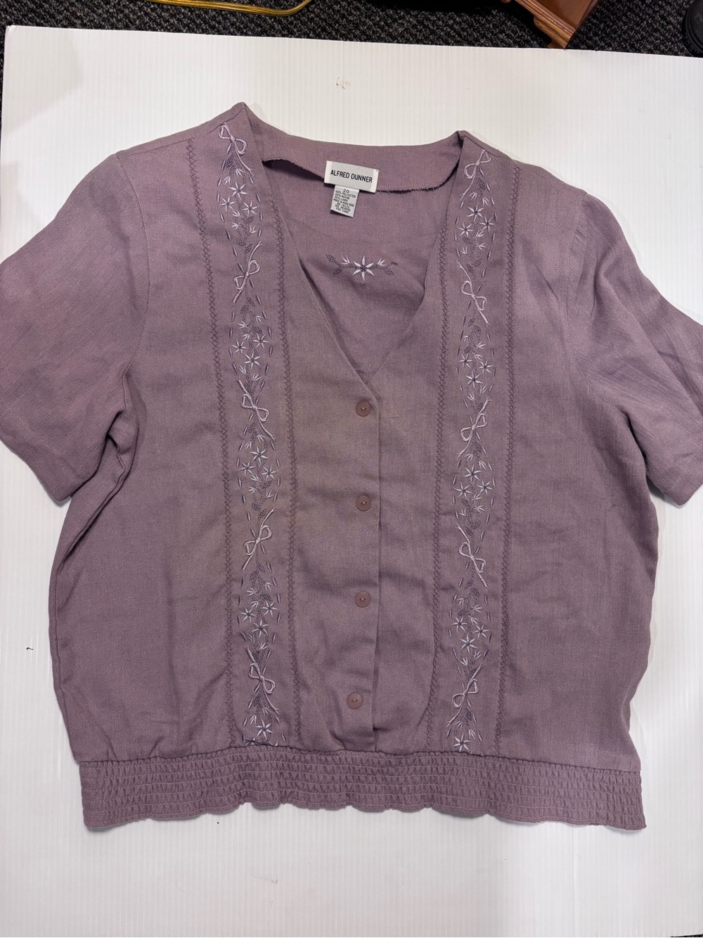 Alfred Dunner Lavender Embroidered Short Sleeve Button Front Top
